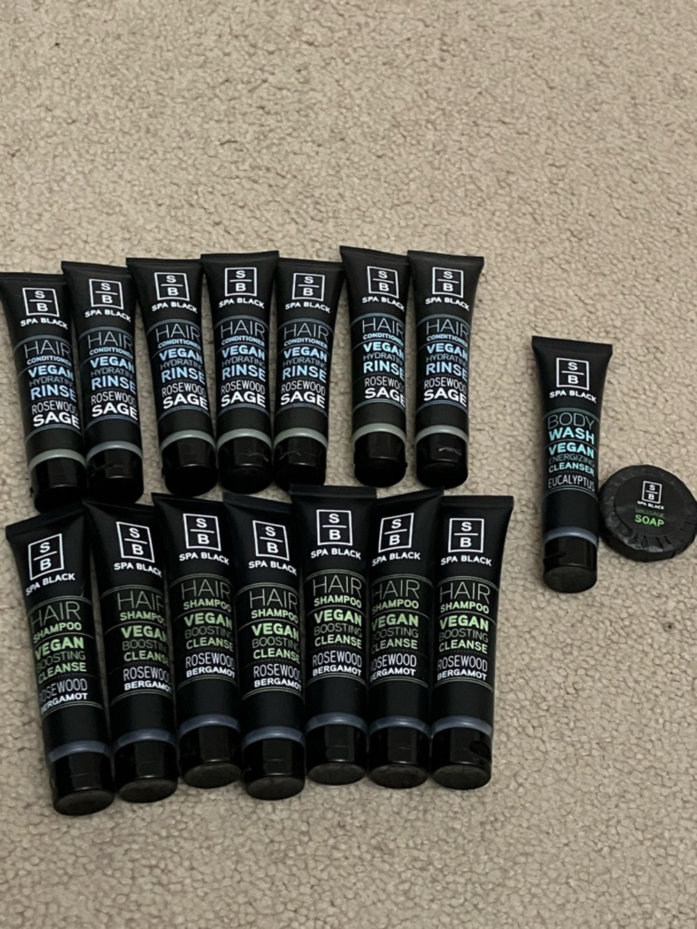 Spa Black Vegan shampoo conditioner bundle, bonus body wash/massage soap 16 pcs